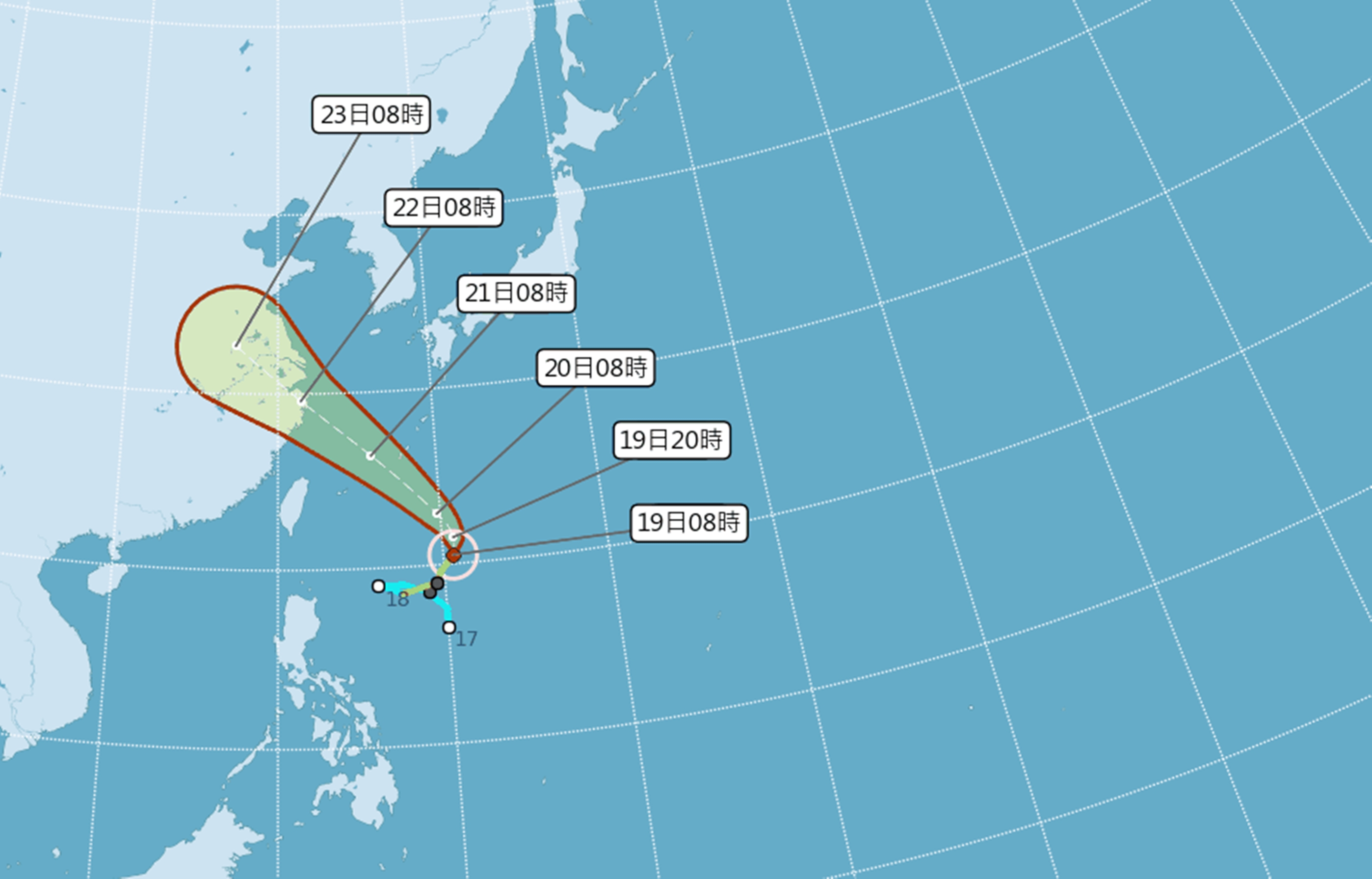 輕颱安比呈現一個大轉彎的特殊轉折路徑態勢，估計對台影響機率小。（翻攝自中央氣象局）