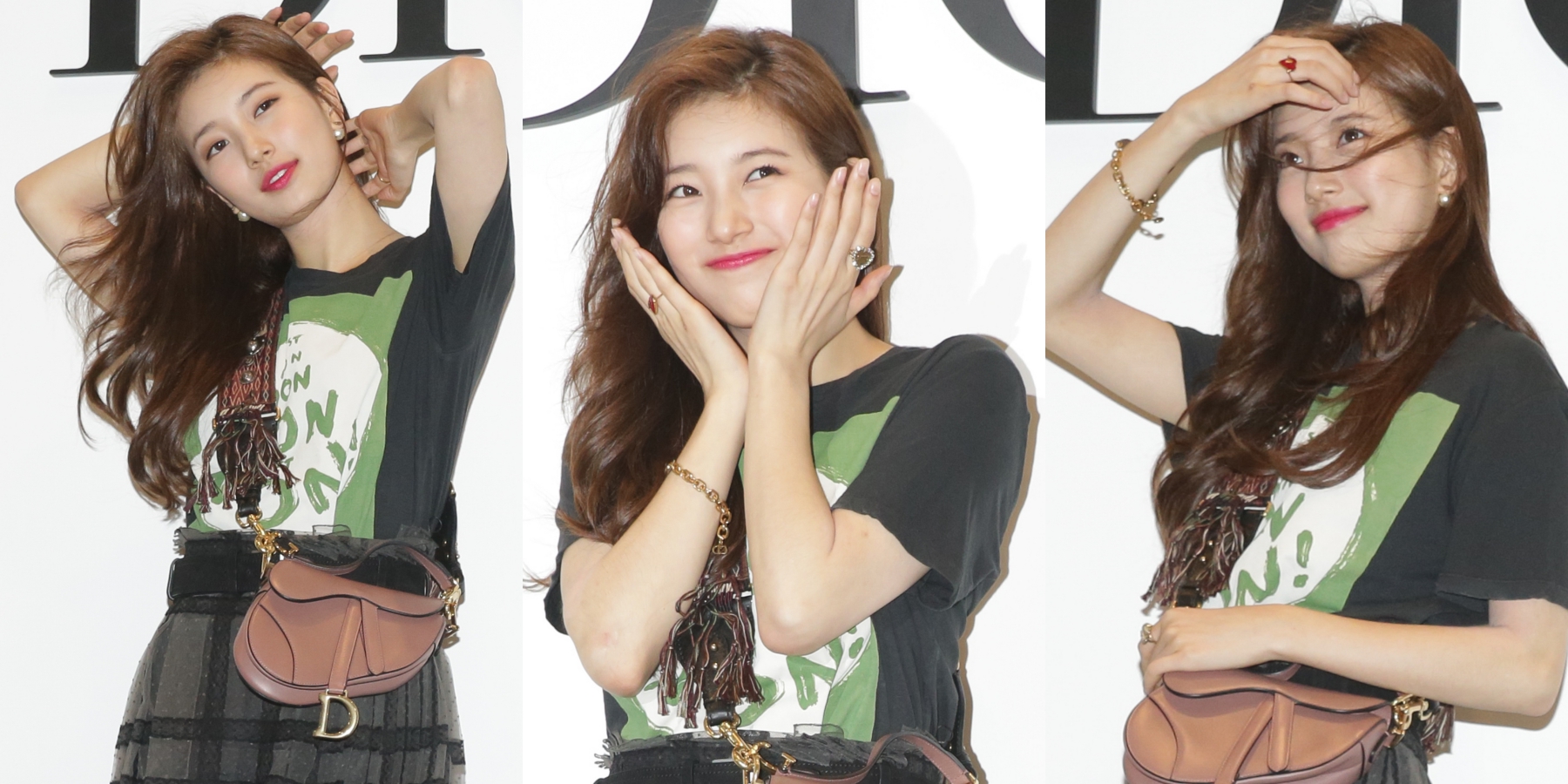 秀智身穿Dior T-Shirt，NT$25,000、灰色蕾絲格紋褶裙NT$210,000、黑色內襯褲NT$32,000、J’adior羊毛格紋高跟鞋NT$31,000、Saddle玫瑰粉色包款NT$82,000。