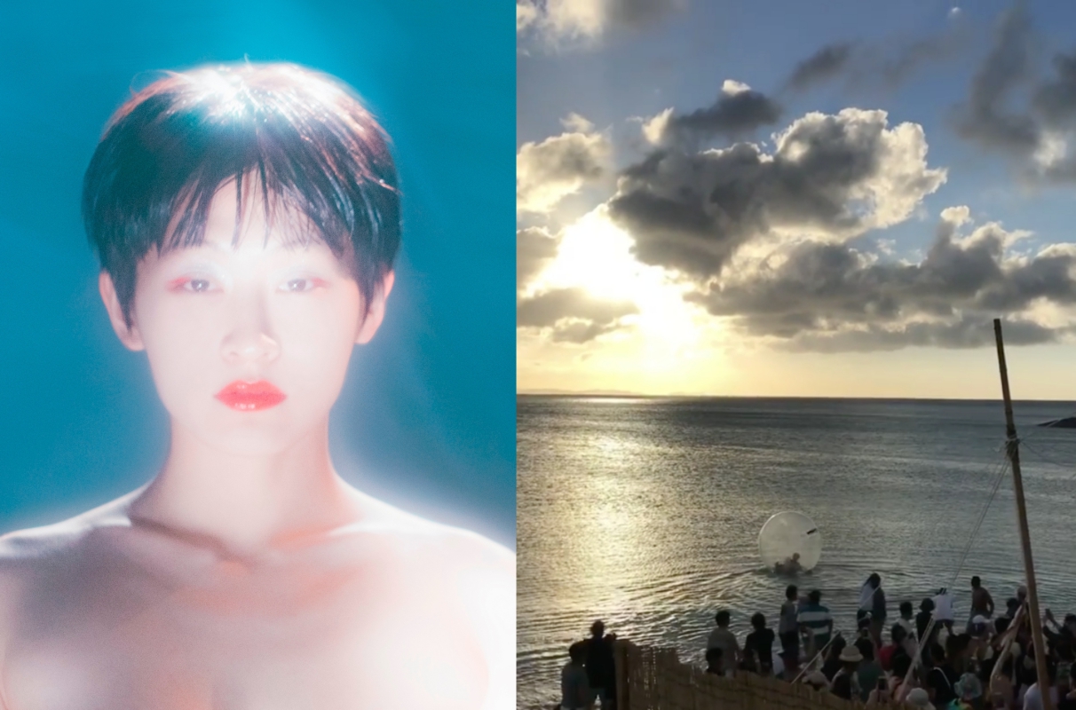 星期三的康帕內拉日前在沖繩演唱時，女主唱玩太嗨連人帶球被推向海上。（左圖為好玩國際文化提供，右翻攝自IG）