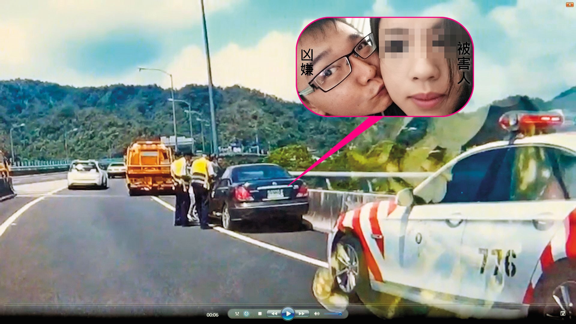 莊嫌自撞護欄，路過拖吊車通報後，國道警察趕赴現場，莊嫌已跳橋落跑。（翻攝畫面）