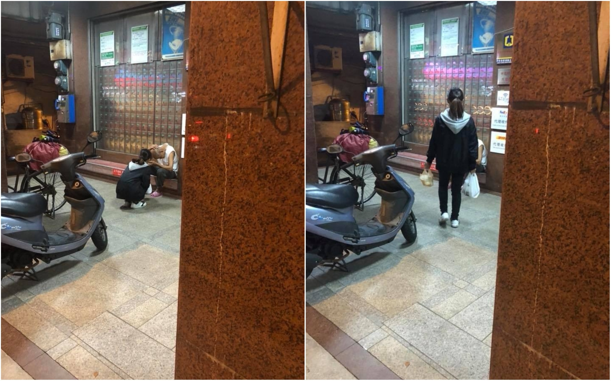 女孩把食物全都拿給一名餐風露宿的伯伯,讓老闆看了很感動。(翻攝自爆廢公社公開版)