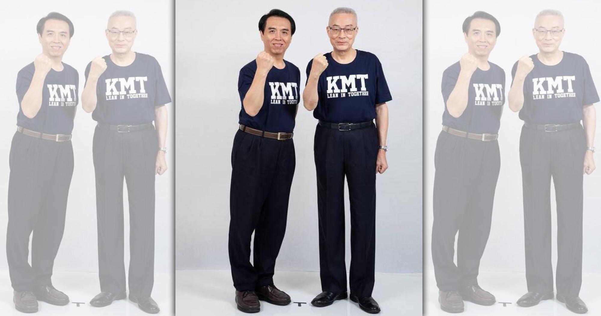 國民黨主席吳敦義超越人體極限的大長腿與西裝高腰褲引發網友熱議。（翻攝自陳學聖臉書）