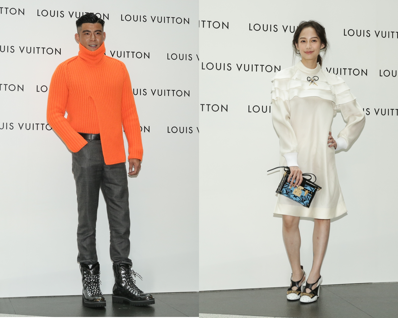 在這大熱天裡，王柏傑（左）可以穿著高領毛衣，真的讓人好佩服；身材嬌小的簡嫚書（右）穿著白色系洋裝，加上高跟鞋呈現年輕的魅力。