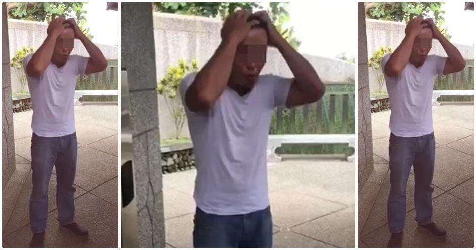 偷拍疑犯被女童家長抓到，不斷抓頭裝可憐，求對方原諒。（翻攝爆料公社）