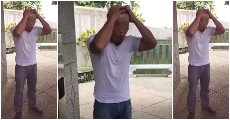 偷拍疑犯被女童家長抓到，不斷抓頭裝可憐，求對方原諒。（翻攝爆料公社）