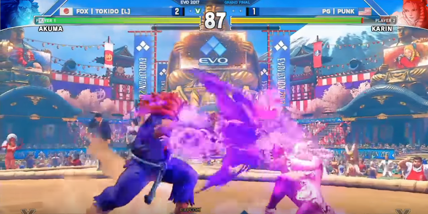 EVO大賽將於8月3日至8月5日舉行，圖為去年《快打旋風5》冠軍賽Tokido對Punk的比賽畫面。（圖：翻攝自Youtube「Capcom Fighters」）