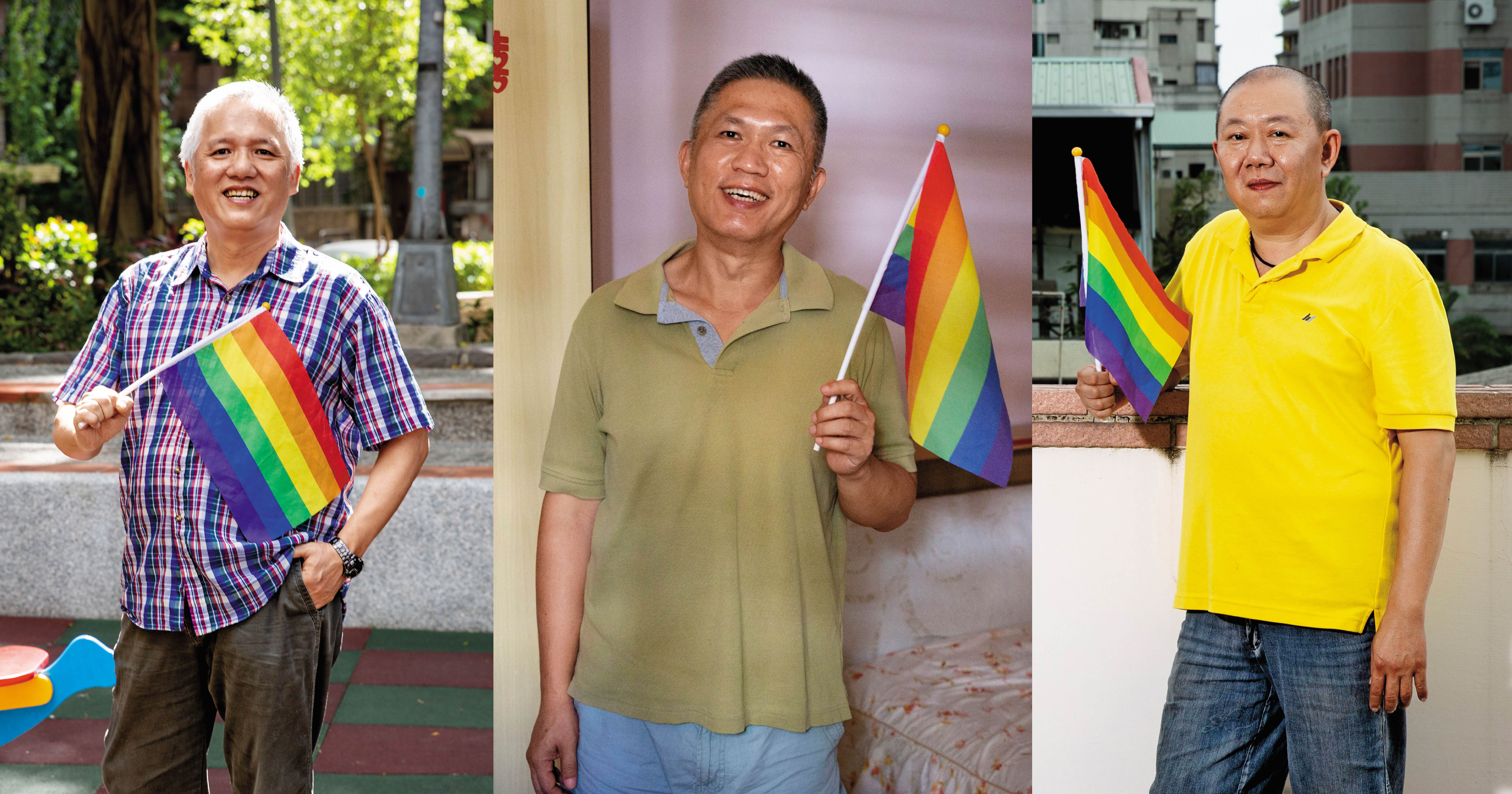 郭行知（左）擁有美國心理學碩士學位，性別觀念較為開明，但他也坦承處理自己孩子的出櫃卻沒想像中容易；江文明（中）認為，當父母接受孩子的出櫃，父母身邊的親朋好友大致上也都會順著父母接受，所以同志出櫃最大的那道牆通常來自父母；台中出生的張瑞賓（右），刀子口豆腐心，在他的觀念裡，「查埔就要有查埔樣」，沒想到卻生下陰柔的兒子。