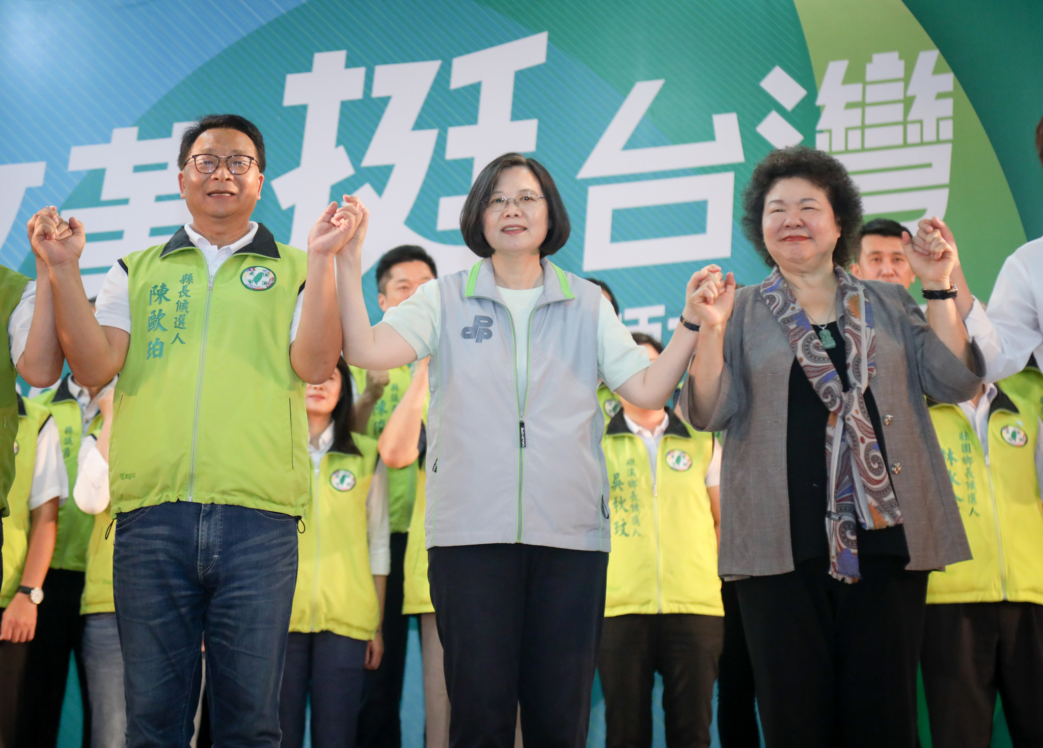總統蔡英文、總統府祕書長陳菊今到宜蘭為民進黨縣長候選人陳歐珀站台造勢。（民進黨提供）