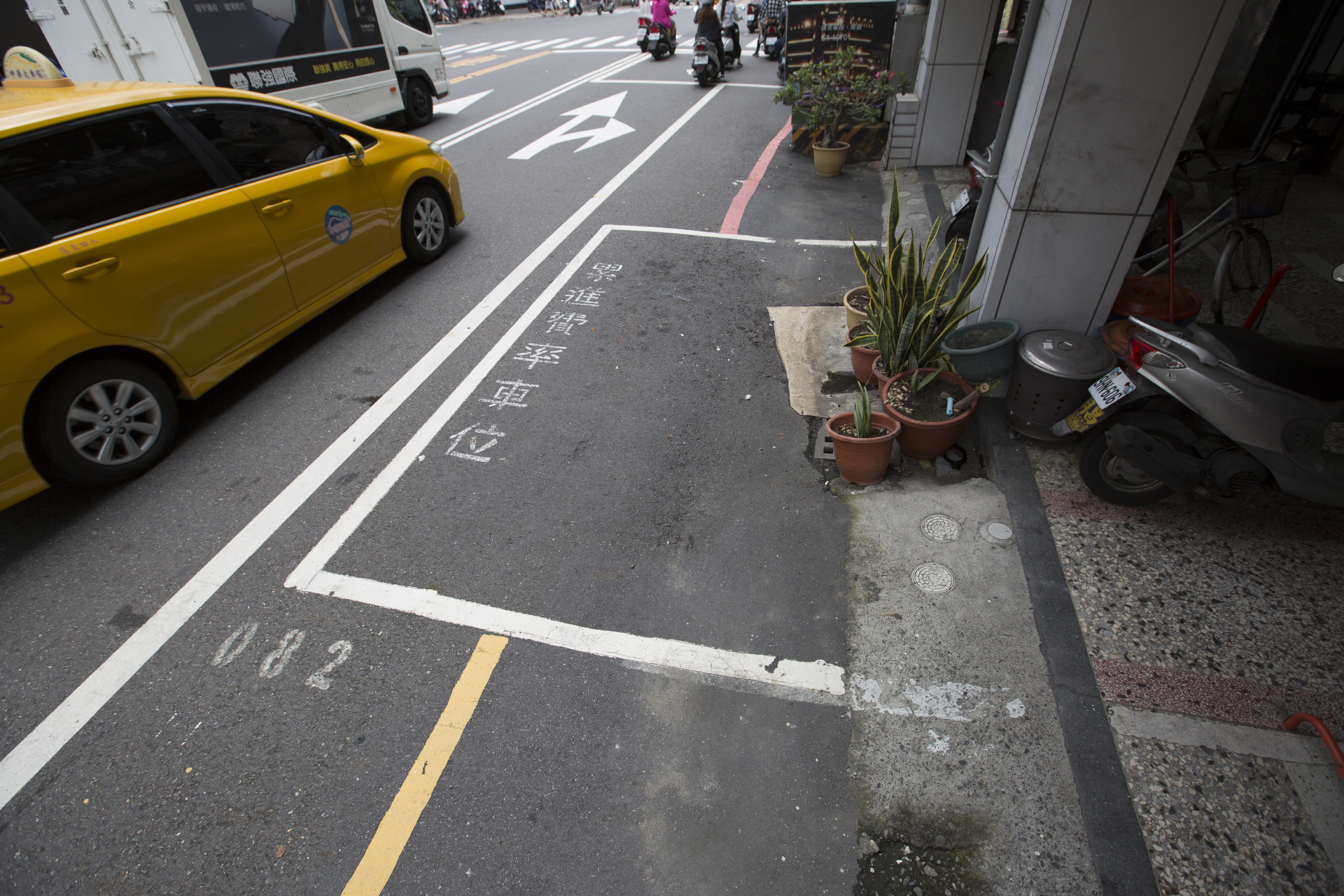 台南市區停車格特別狹小,也會有民眾將自家盆栽放置在停車格內。