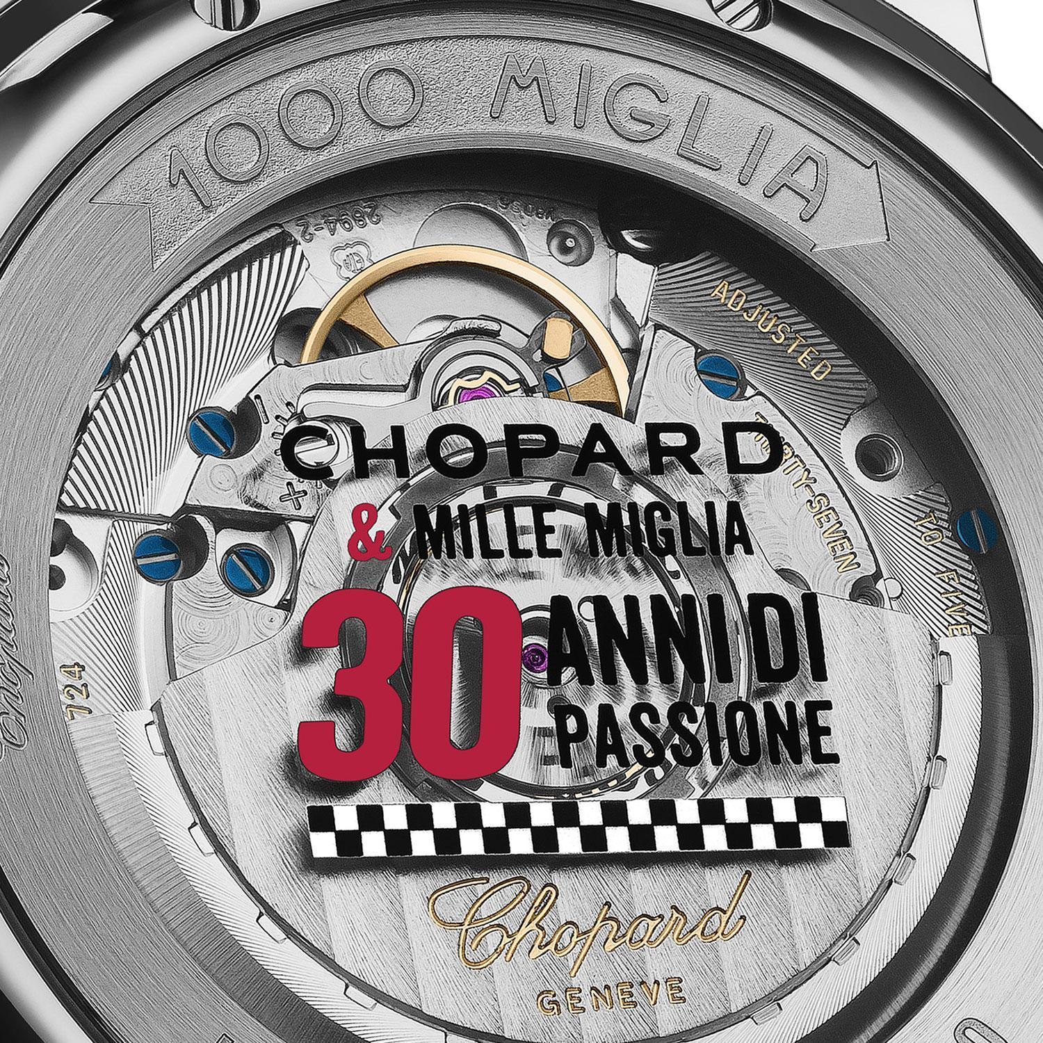 2018年Mille Miglia限量版在透明後底蓋上裝飾30周年紀念字樣。