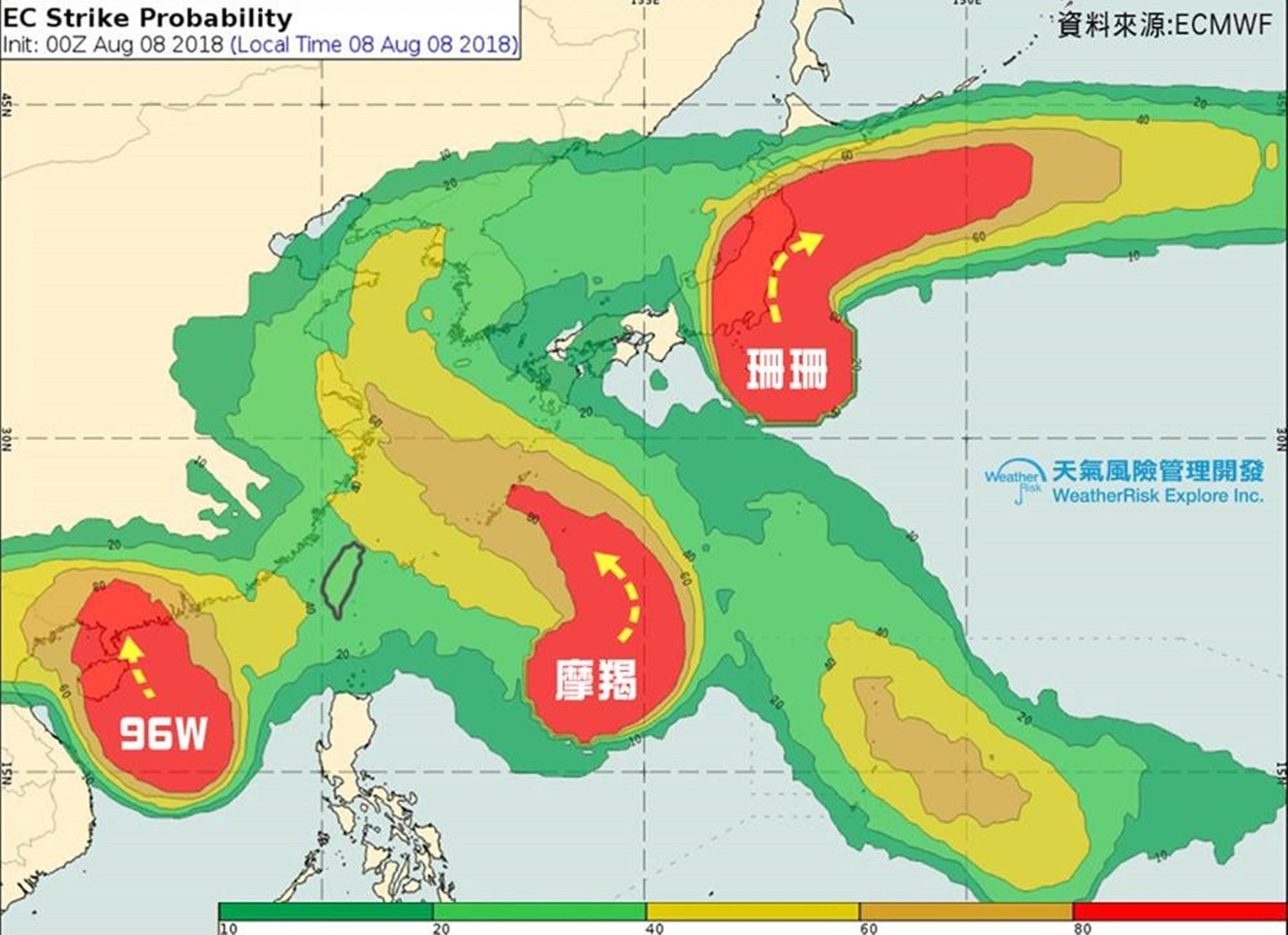 颱風於週五受太平洋高壓引導，往西北方向偏轉，週日來到台灣北方海面，是最接近的時候。（翻攝自《天氣風險》粉絲團）