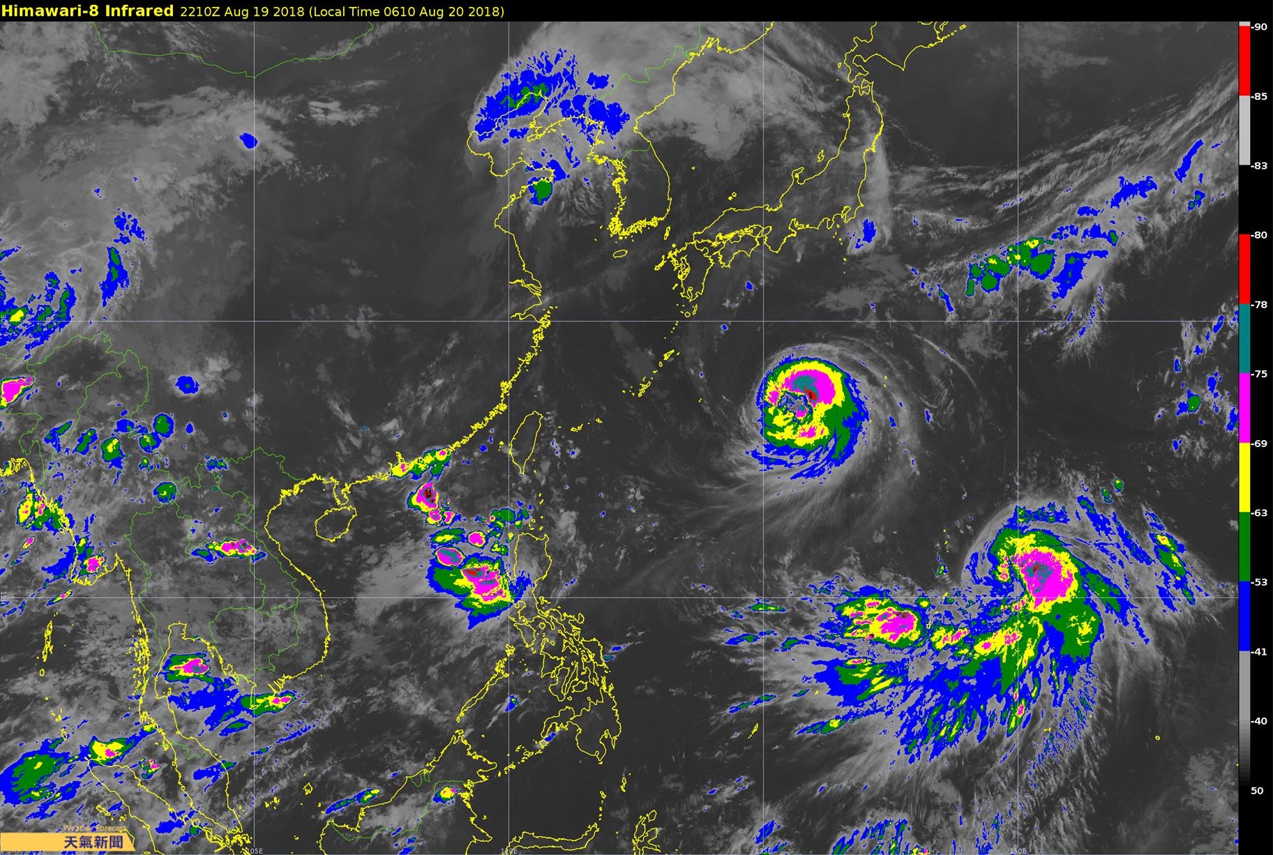 蘇力颱風持續往韓國前進，西馬隆颱風則撲向日本的機會大。（取自氣象達人彭啟明粉絲專頁）