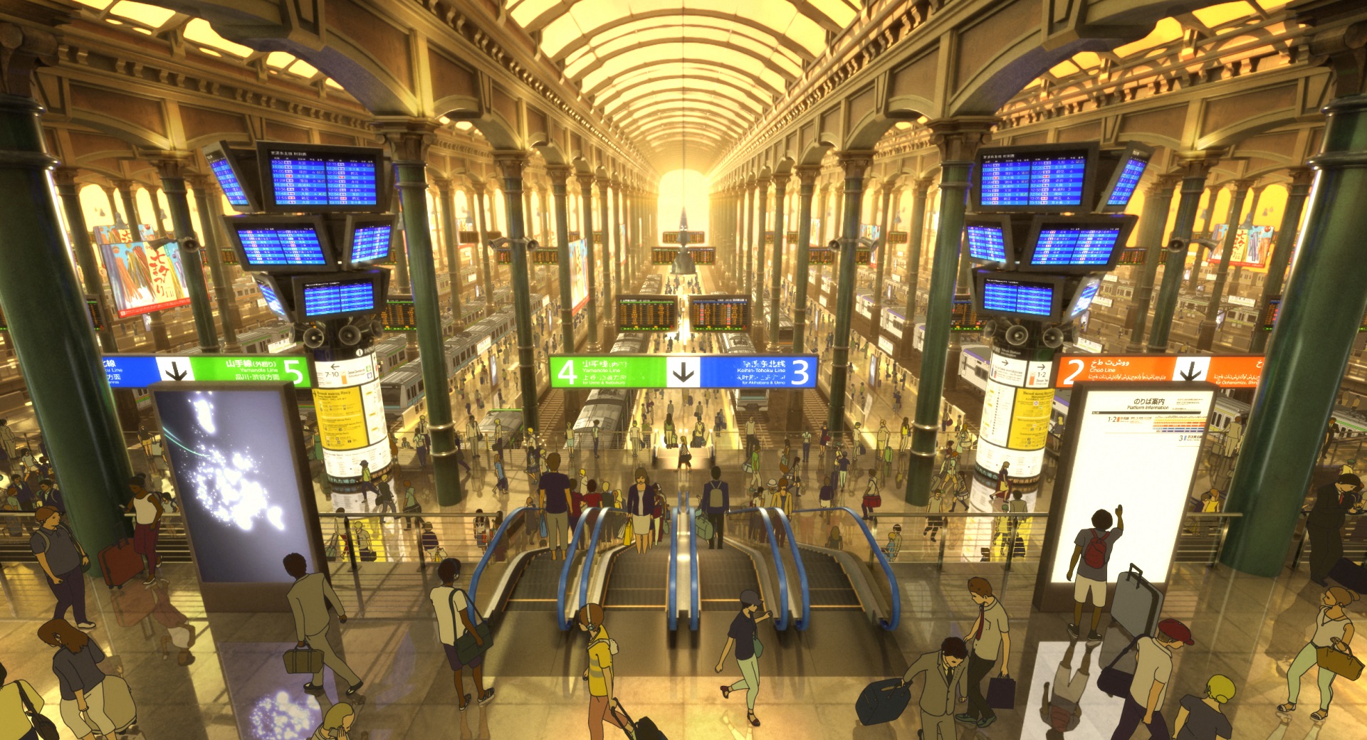 為表現片中小男孩迷路的感覺，動畫裡的東京車站場景空間感約比實際大10倍。（傳影互動提供） 