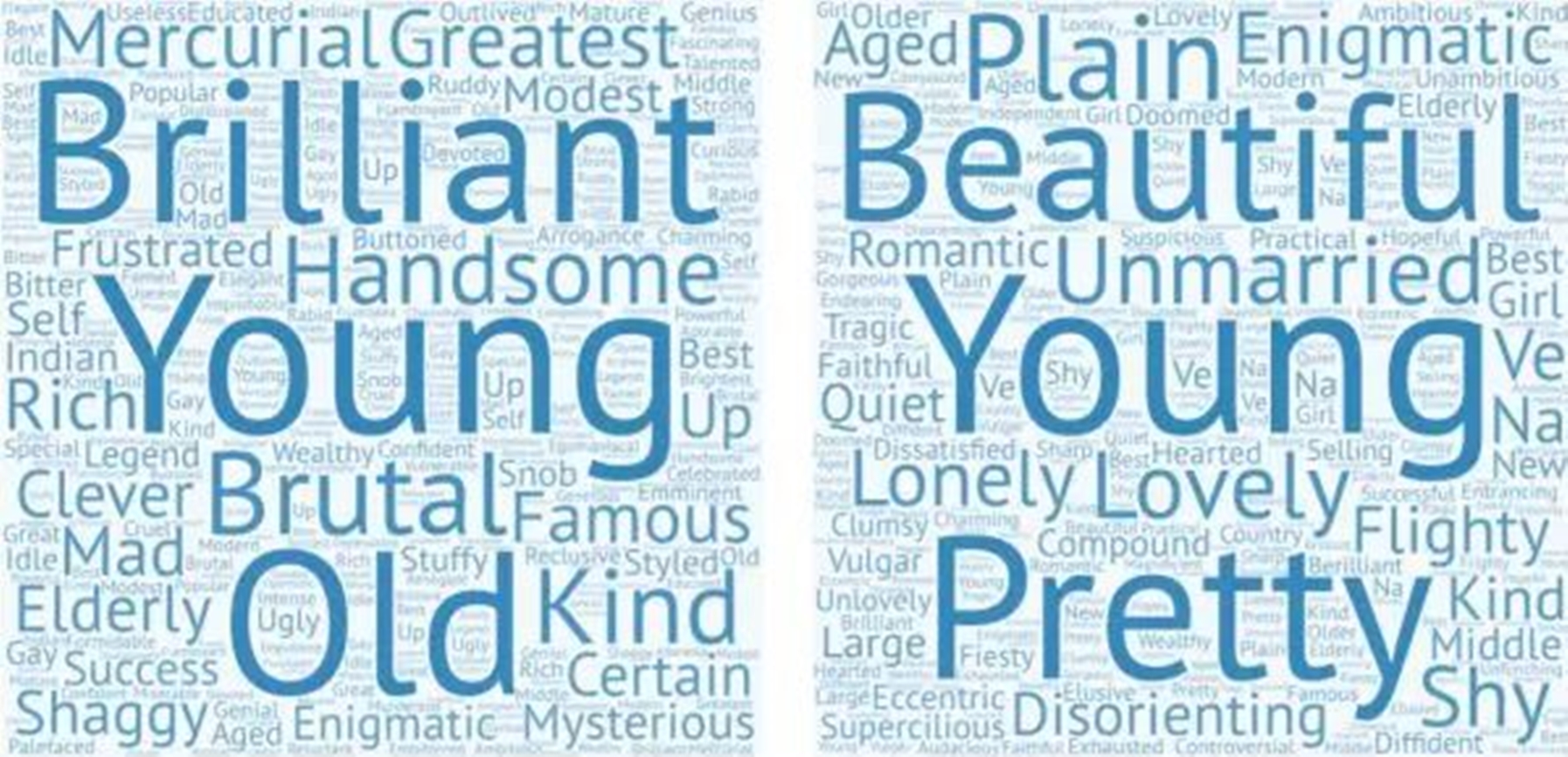 曼布克獎入圍的小說中與男性和女性術語相關的形容詞。（翻攝自麻省理工科技評論）