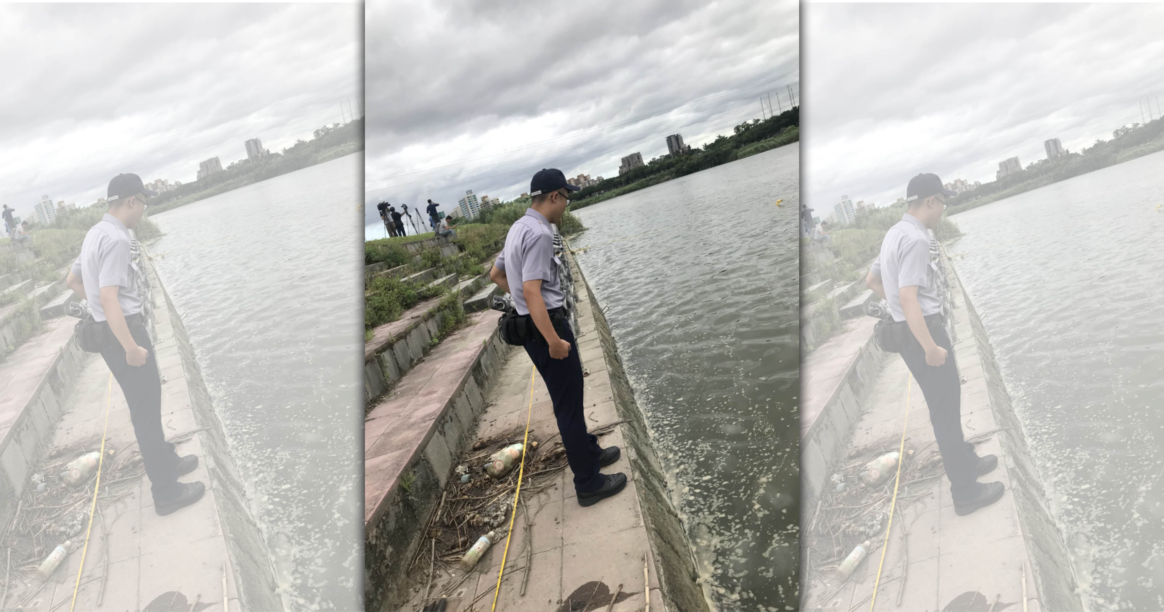 警方今日上午再度搜尋河域，尋找死者的左手左腳。（翻攝畫面）