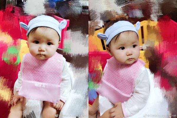 江宏傑曬出女兒萌照，小小愛圓滾滾的天真大眼睛，活脫脫就是福原愛的翻版。（取自微博）