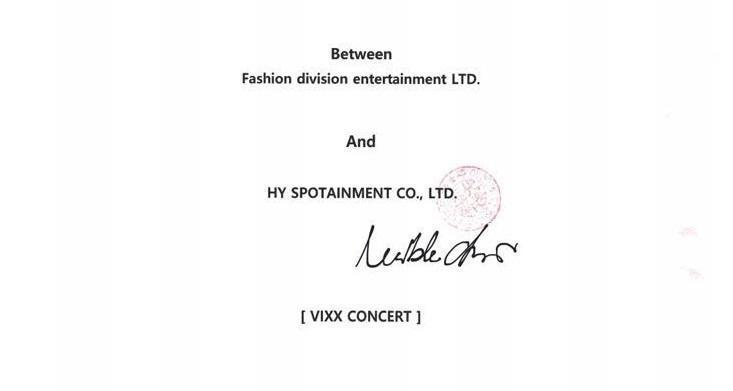 合約中的「Fashion division entertainment LTD.」,VIXX韓國經紀公司澄清為去年8月台北演唱會的投資方之一。