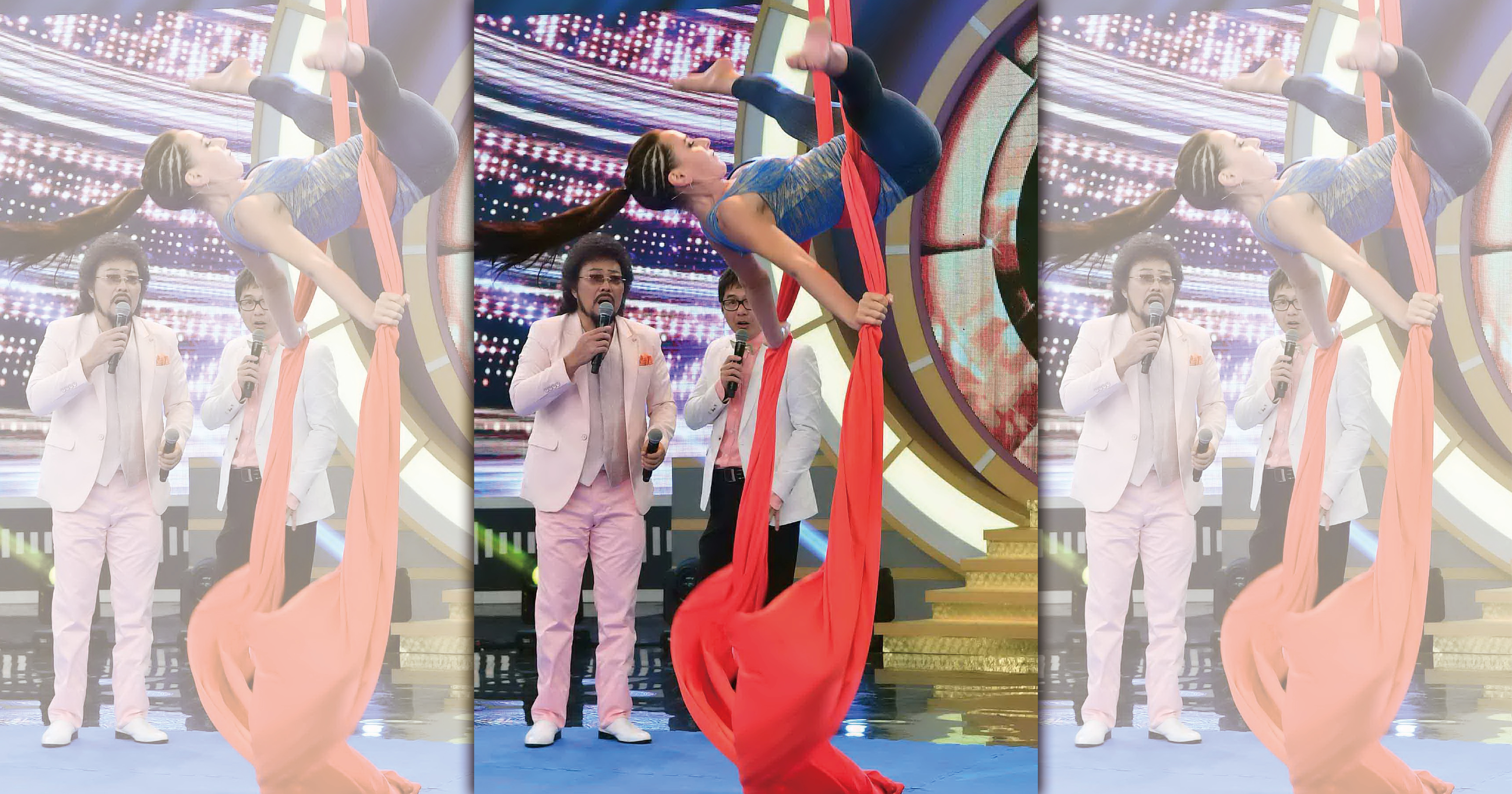 瑪格麗特在節目上帶來高難度的「綢吊」表演在空中翻滾，讓張菲驚嘆連連。（華視提供）
