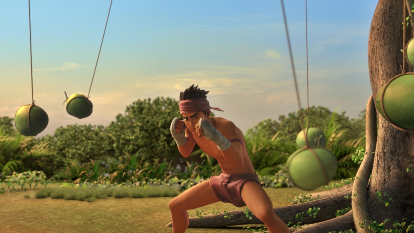 《暹羅訣：九神戰甲》製作團隊參考泰拳訓練師的示範和各類泰拳視頻影片，據以繪製泰拳少年奧特的訓練過程，如在樹上掛滿椰子做閃躲訓練。（双喜電影提供）