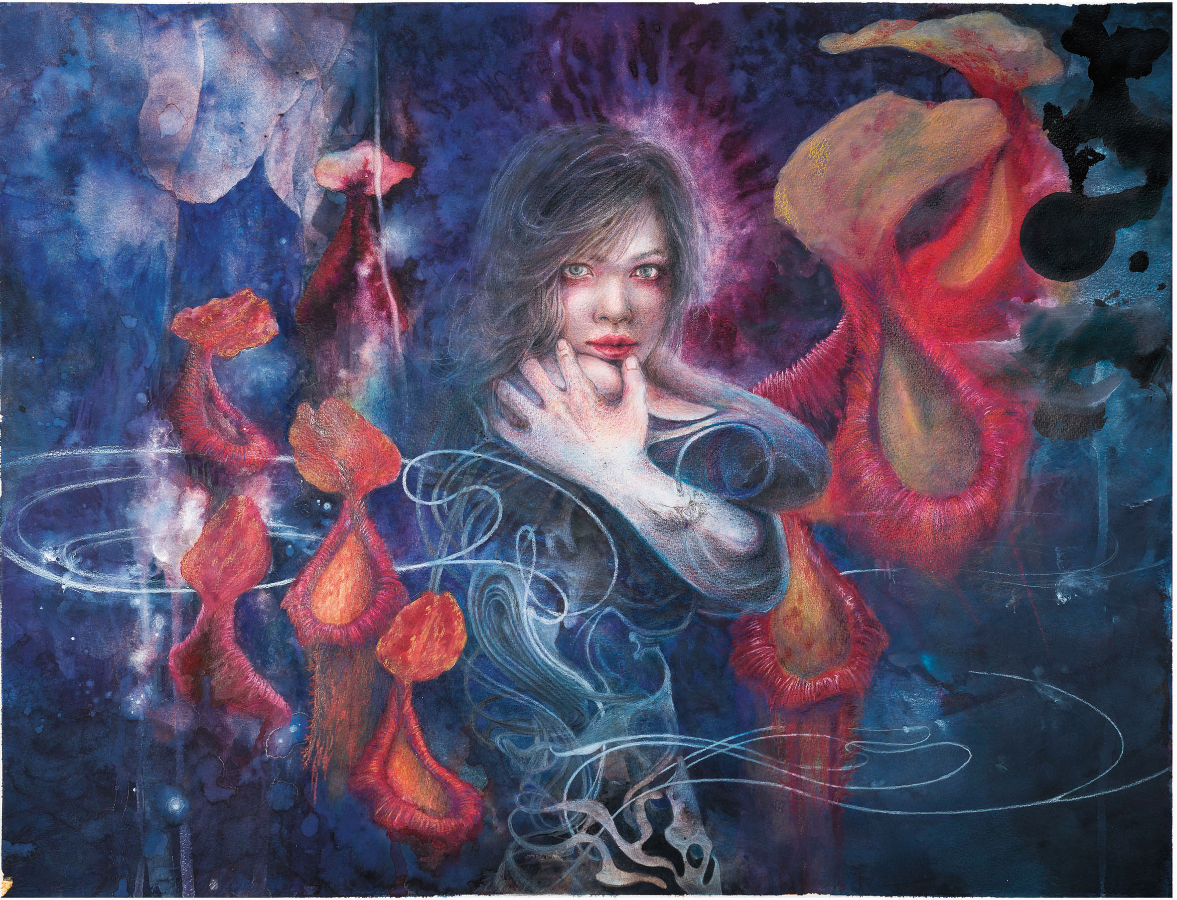 這是黃芳誼去年創作、第一張真正屬於自己的畫作，畫中的她漂浮在黑暗空間，儘管傷痕累累，眼神卻堅定地逼視觀者，毫不妥協。(黃芳誼提供)