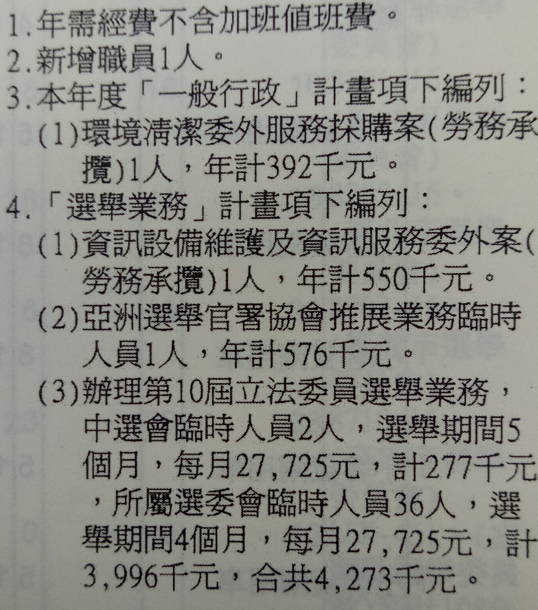 中選會與所屬各選委會明年將聘共38名臨時人員，月薪2萬7,725元。（翻攝自中選會預算書）
