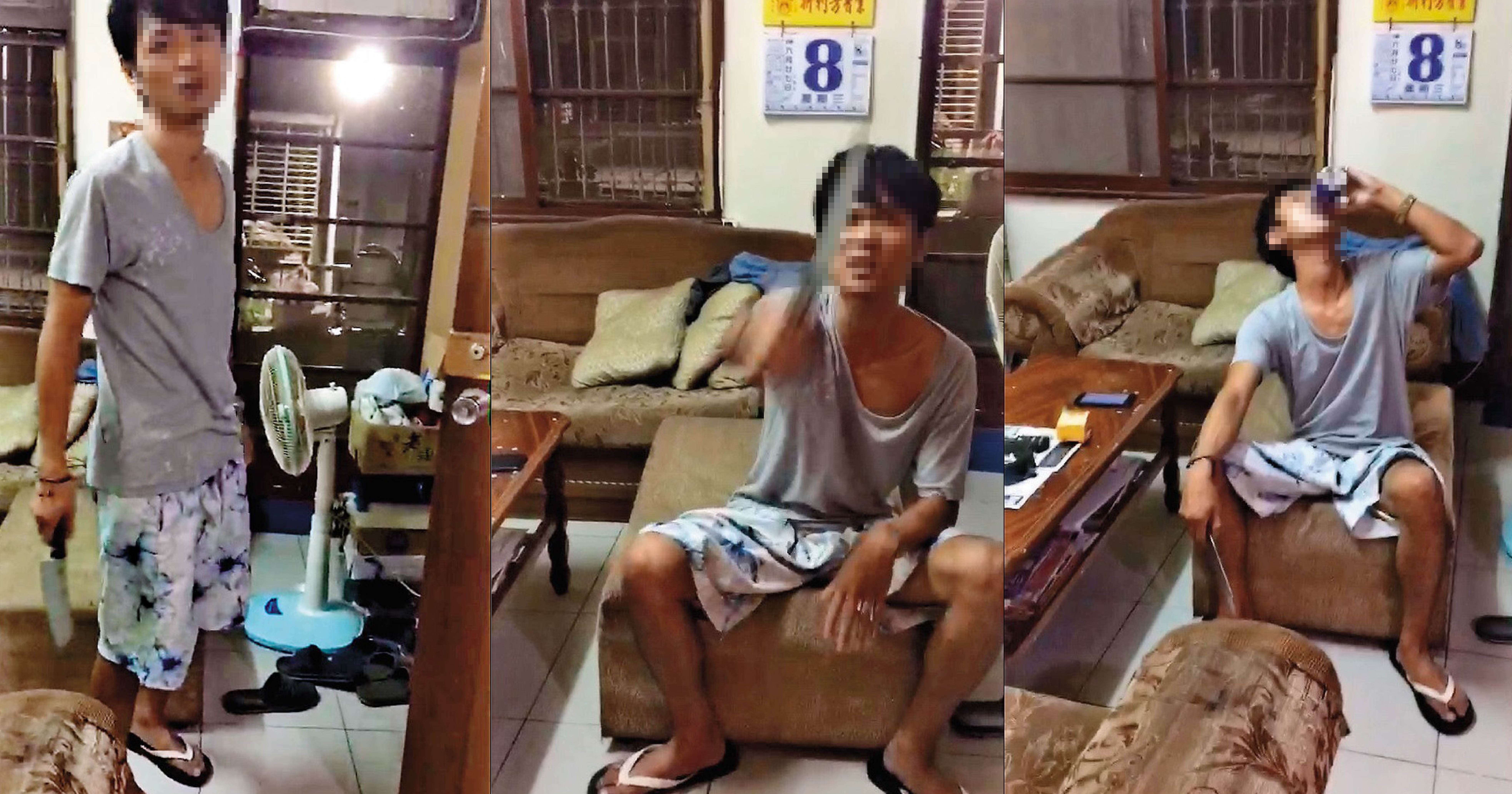 何男揮刀恐嚇遭女友控告，警方意外查出他是7年前連續竊盜案的漏網之魚。酒過三巡後，持刀揚言傷害同居女友小芬（化名），他日前在住處喝酒，右手還拿著一把刀。（讀者提供）