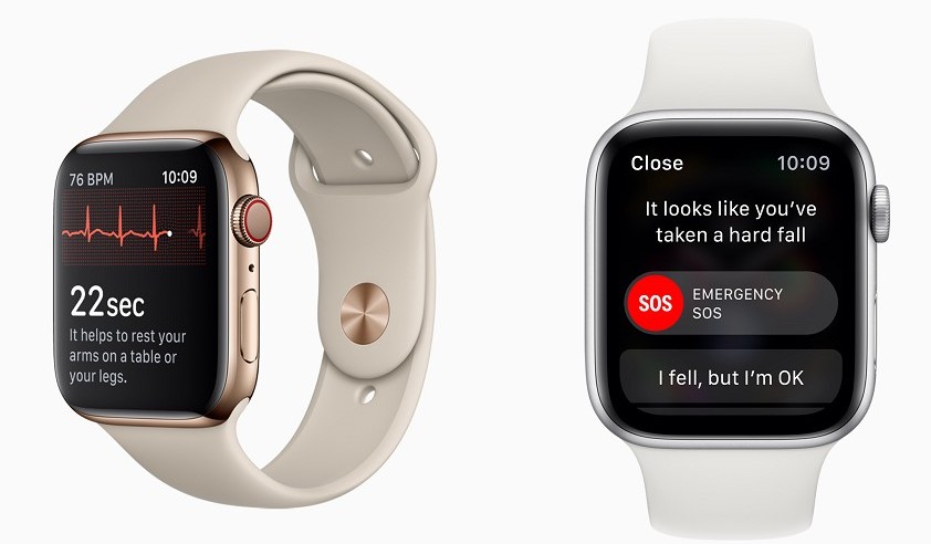 除了3款新iPhone外，Apple Watch 4也正式亮相，效能、螢幕都升級，還支援測量心電圖（左）及跌倒偵測（右）等功能。