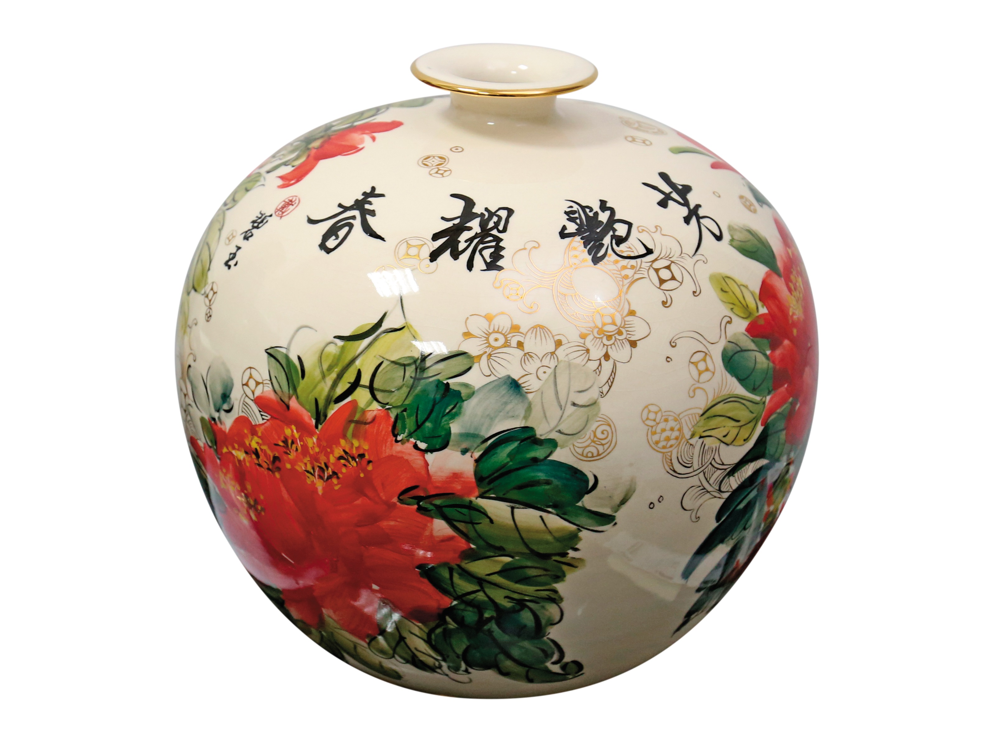 同事將太太親手畫的花瓶送給燕成祥，生意漸有起色後，他花100萬元買下。