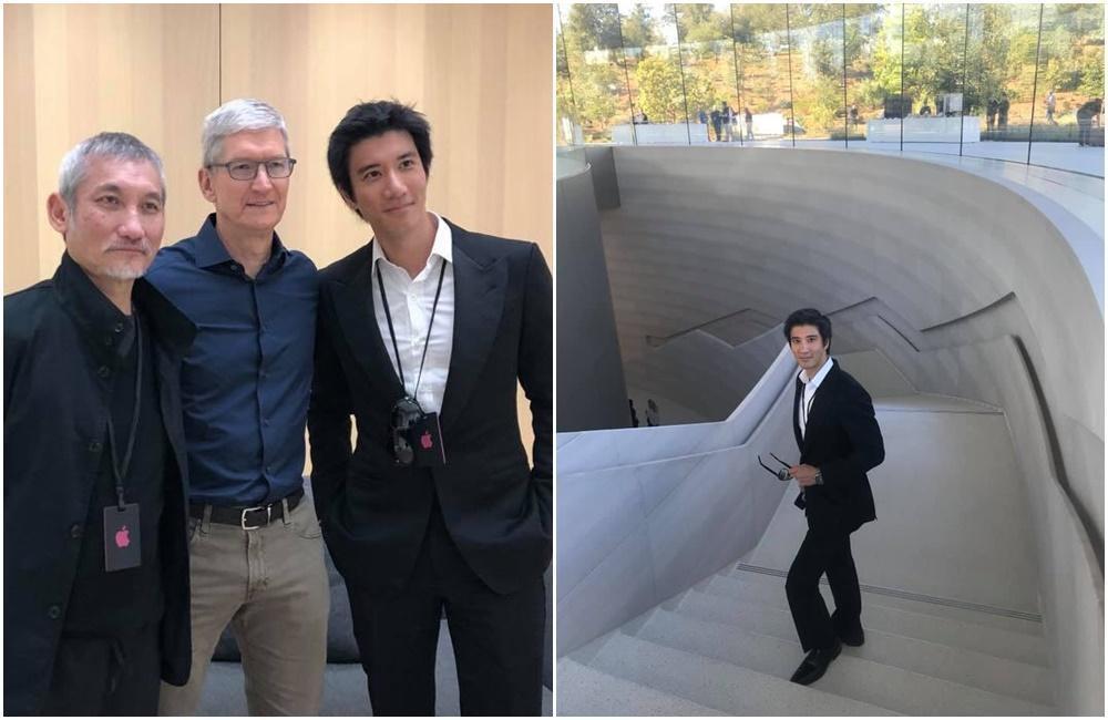 王力宏參加iPhone Xs發表會,並參觀去年落成的「賈伯斯劇院」,在臉書秀出與執行長庫克、導演徐克的合照。(取自王力宏臉書)