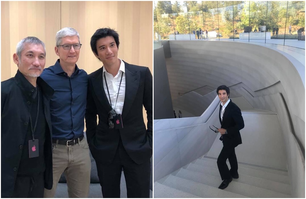 王力宏參加iPhone Xs發表會，並參觀去年落成的「賈伯斯劇院」，在臉書秀出與執行長庫克、導演徐克的合照。（取自王力宏臉書）