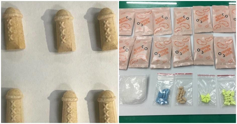 警方起出含有搖頭丸成分的橘子汽水15包等毒品。(警方提供)