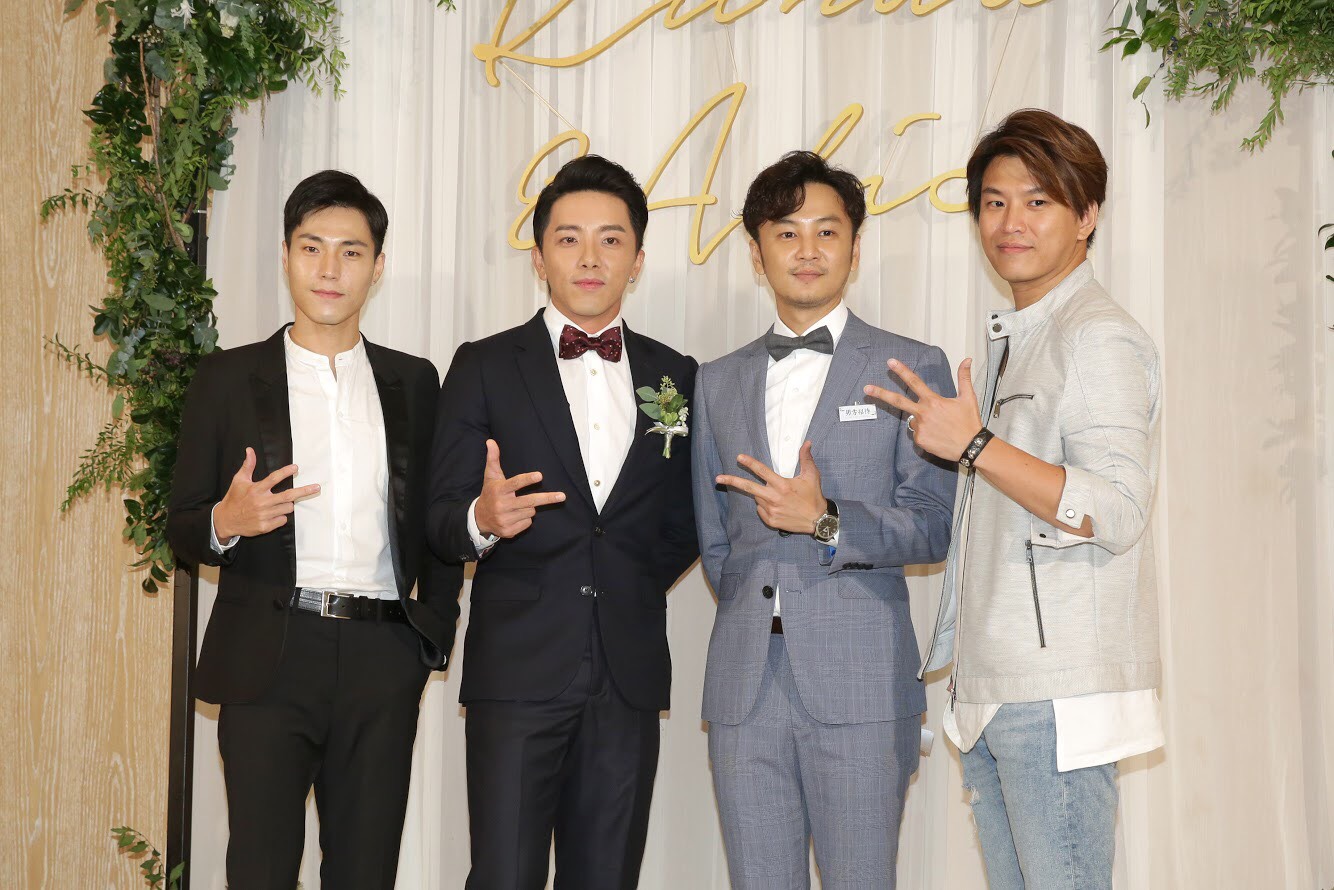 前偶像男團Energy在謝坤達與柯佳嬿的婚禮「微合體」，包括阿弟蕭景鴻（右起）、張書偉、坤達跟唐振剛，一同現身引起現場驚呼。
