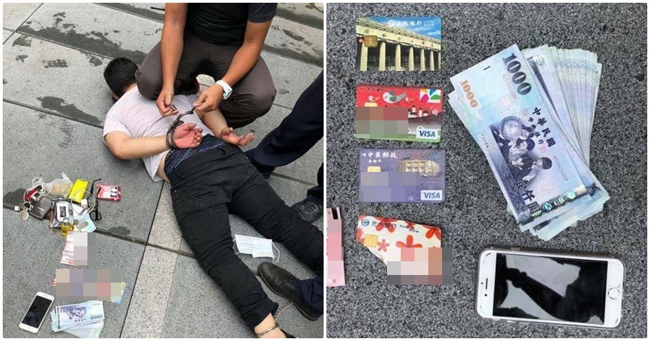 蔡姓車手被警方當街制伏逮捕，並起出多張金融卡及贓款。。（警方提供）