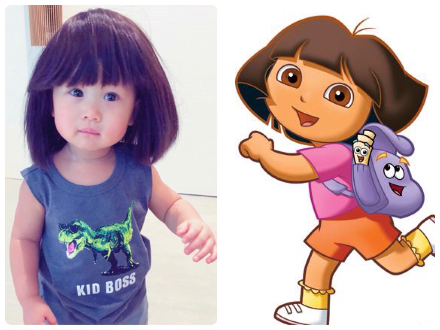 關穎兒子Phi Phi的假髮模樣，有網友認為與動畫人物Dora很像。（翻攝自關穎Instagram）