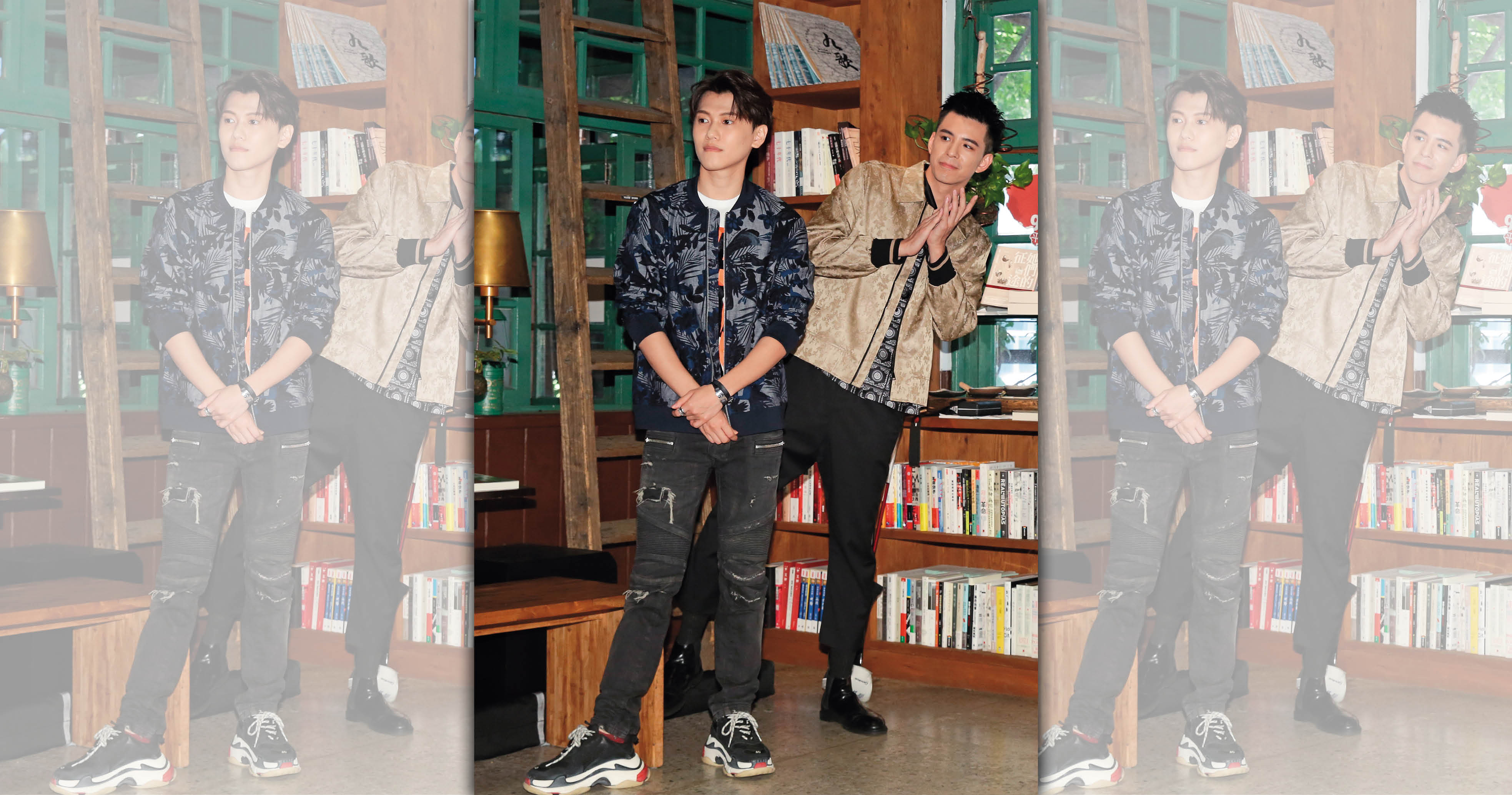  毛弟（左）與林柏叡（右）一起宣傳電影版《鬥魚》，毛弟演出劇中壞蛋「豹哥」，展現魔鬼的一面。