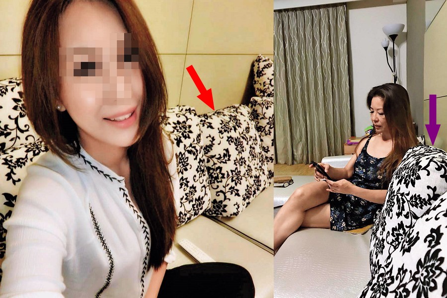 去年10月王盈凱曾誤傳陳月芳辣照（右圖）到公務群組，比對王妻臉書照（左圖），發現背景的沙發抱枕花紋（箭頭處）與王家一模一樣。（讀者提供）