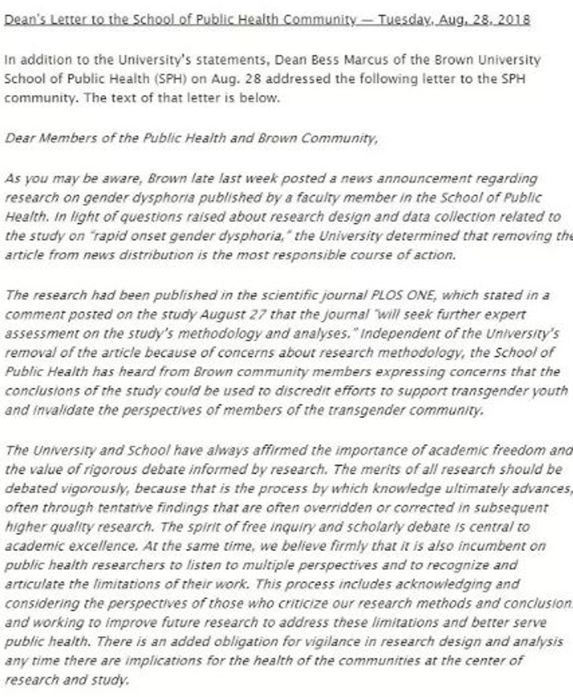 布朗大學公共衛生學院院長Bess Marcus的公開信。（翻攝自布朗大學）