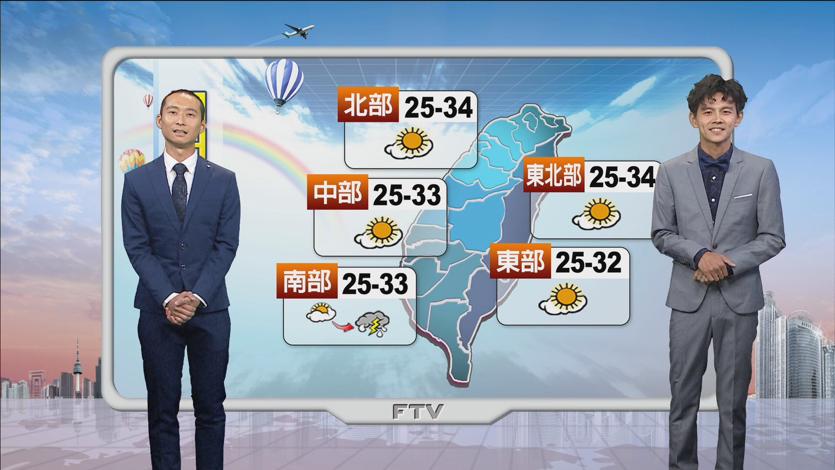 浩角翔起看到攝影棚專業的攝影機搭上氣象圖背板,兩人表情認真又努力,卻讓人想笑。(民視提供)