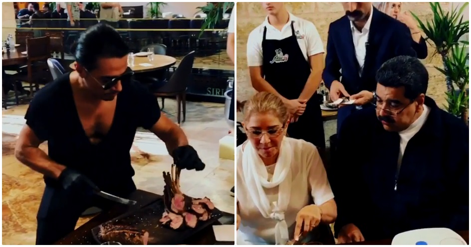 委內瑞拉總統馬杜洛夫婦到網紅名廚灑鹽哥的高檔餐廳大啖牛排。（翻攝自albertorodnews IG）