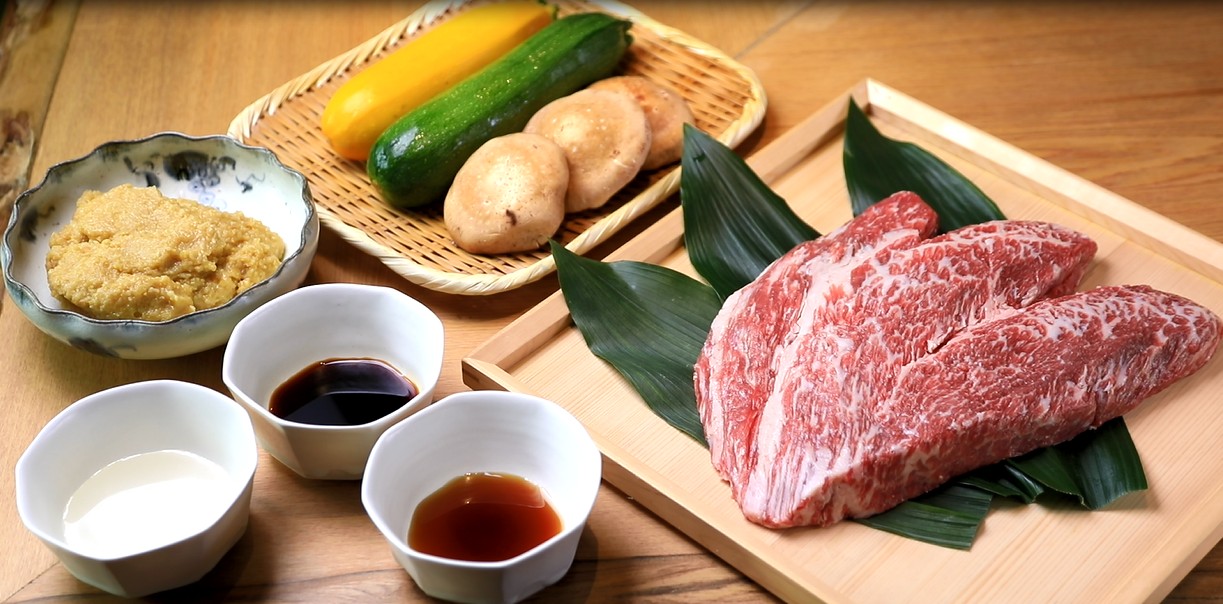 「威士忌牛小排幽庵味噌燒」的準備食材。