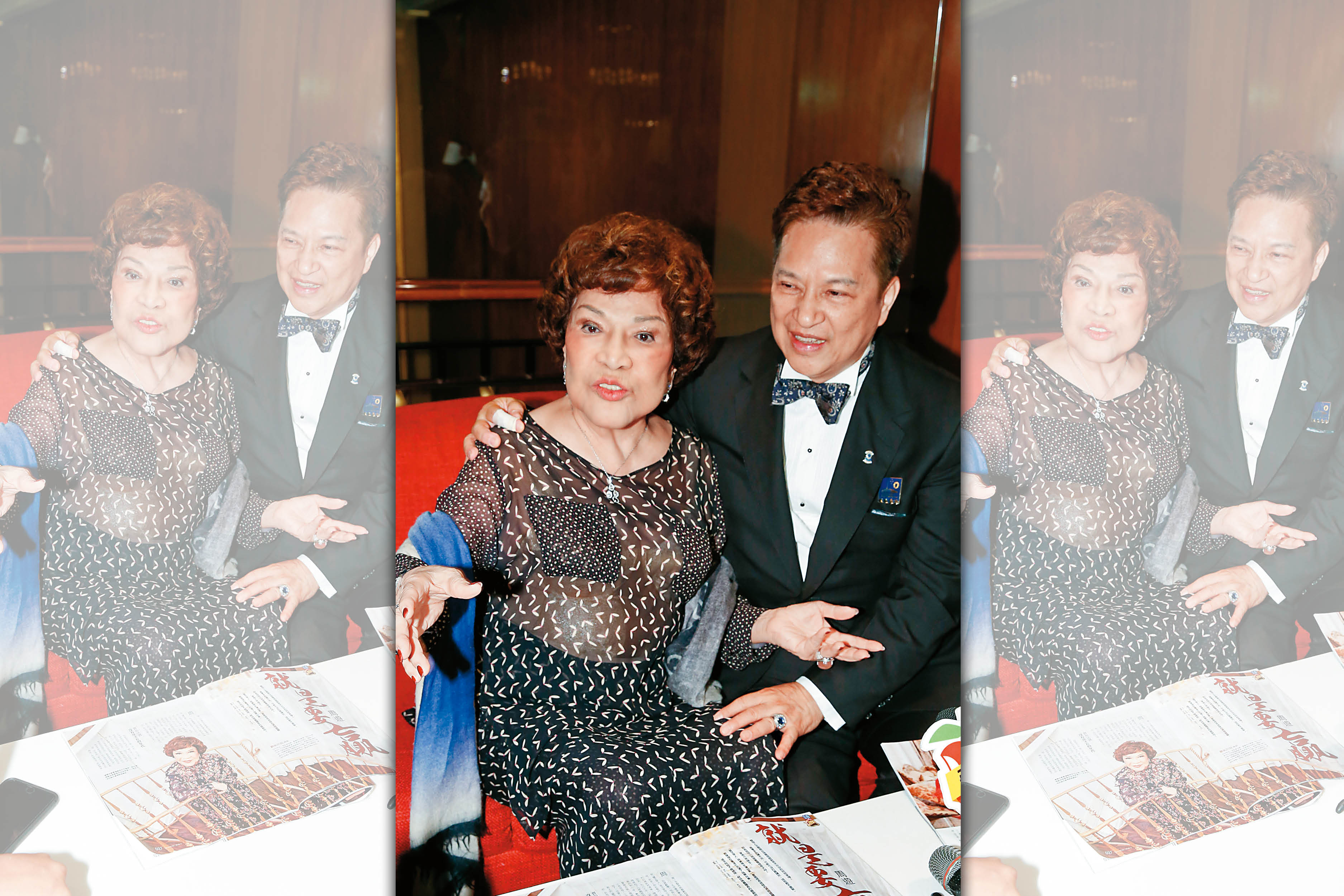 阿姑的上身透視，露出巨乳之外，肚子也頗有分量。老公李朝永從後抱著她。