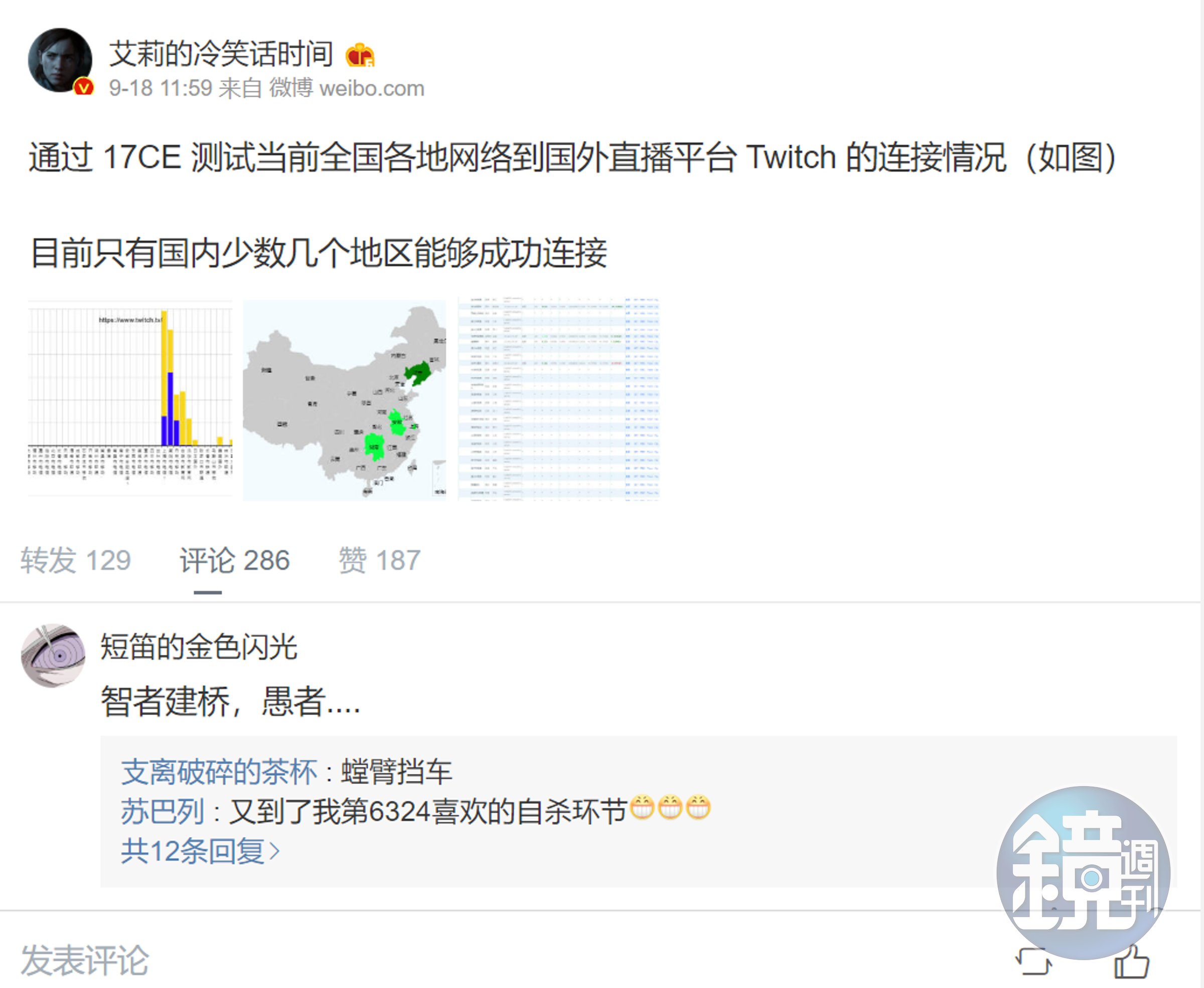 部分網友本周稍早在微博反應只剩下幾個省份可以連線。（圖片來源：微博截圖）
