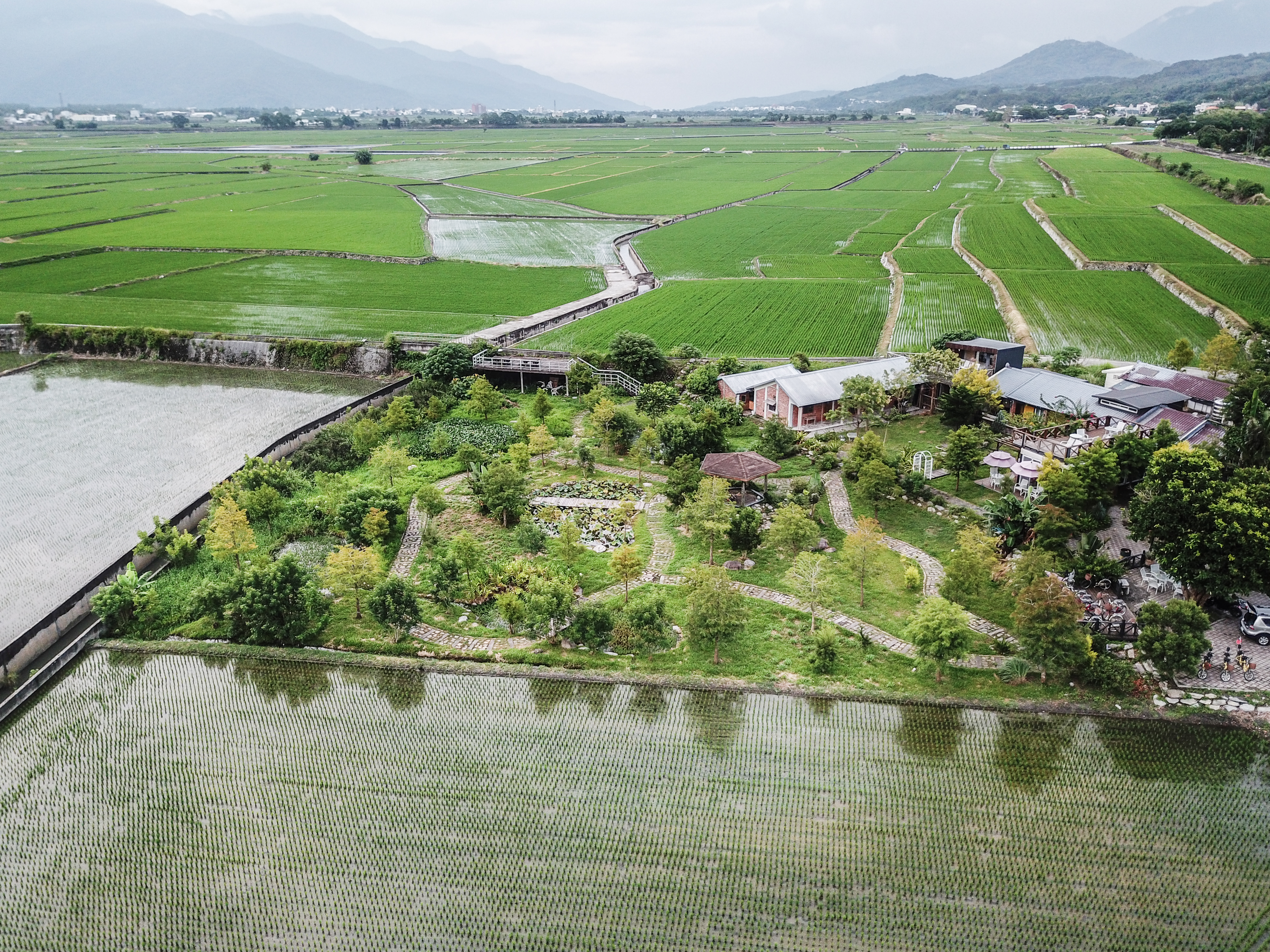 從空中鳥瞰民宿,田中央場景,極其逍遙。