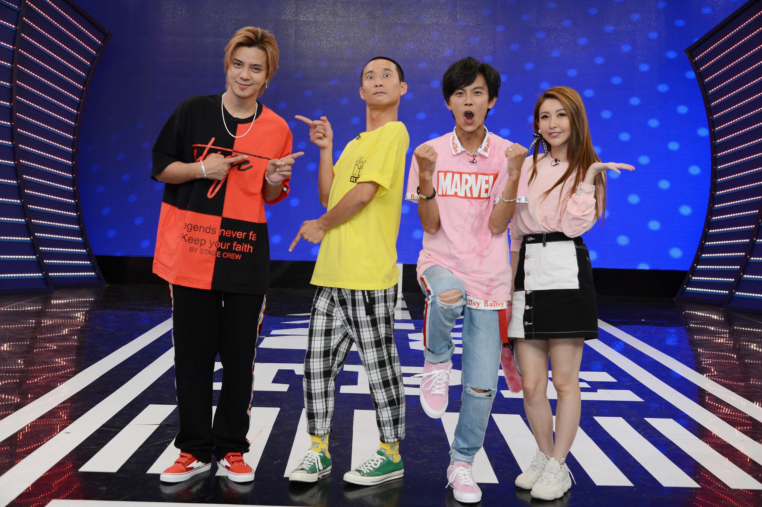 羅志祥（左起）、浩子、阿翔、愷樂錄節目頻頻搞笑歪樓。（八大提供）