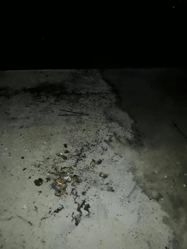 附近河堤上留有烤肉痕跡，不排除是因未撲滅炭火釀禍。（消防局提供）