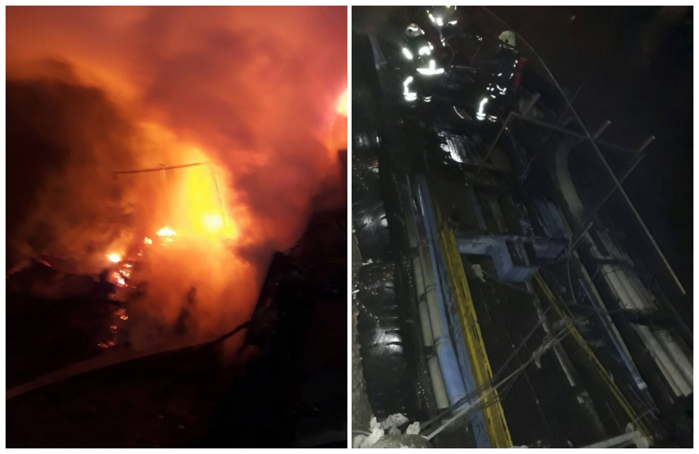 後龍西湖溪口停泊的膠筏，今凌晨突燃起熊熊大火。（消防局提供）