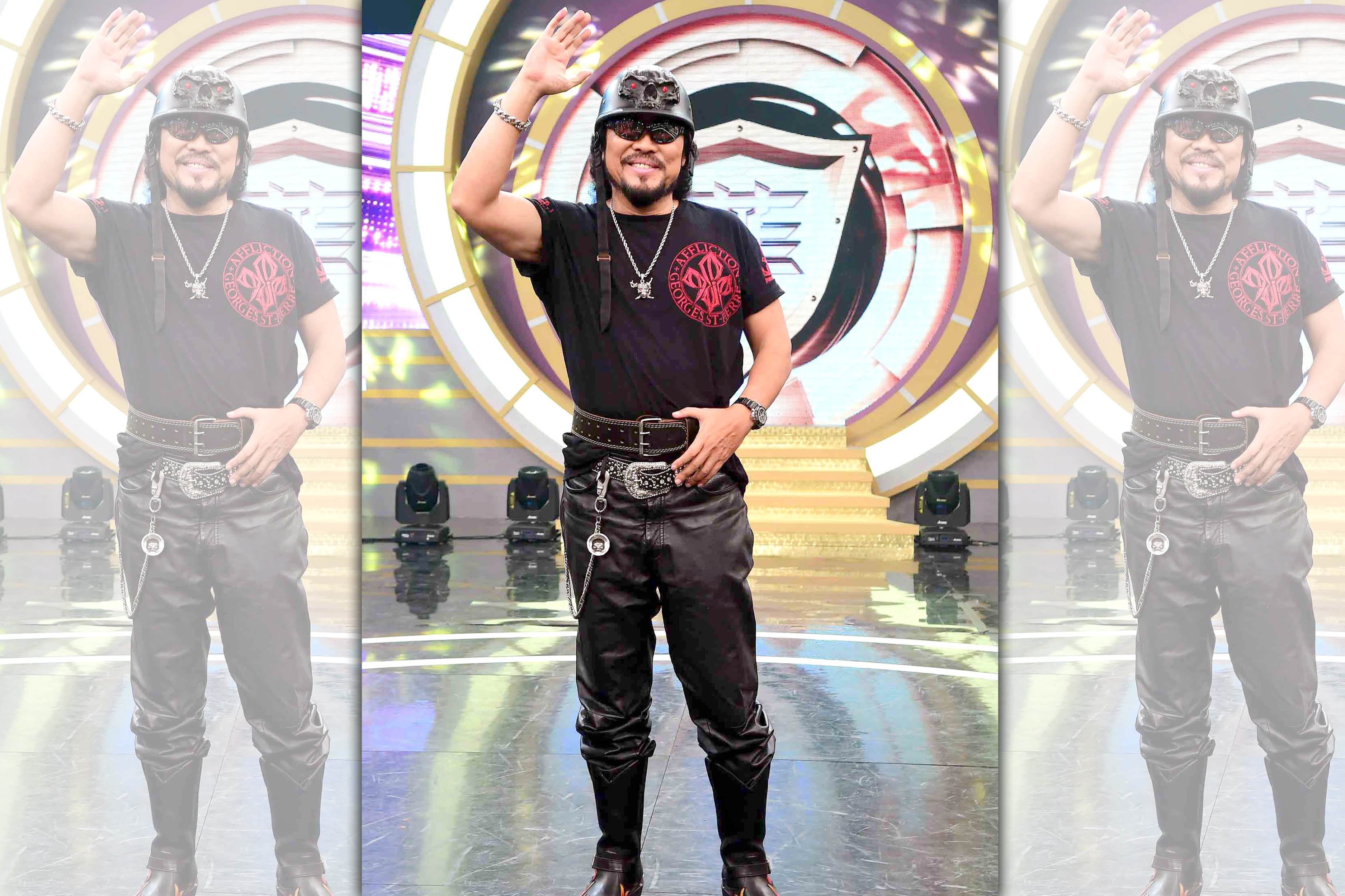 張菲復出主持的華視《綜藝菲常讚》今天最後一次錄影，他穿著一身重機裝扮進棚，未來要回歸遊山玩水的生活。（華視提供）