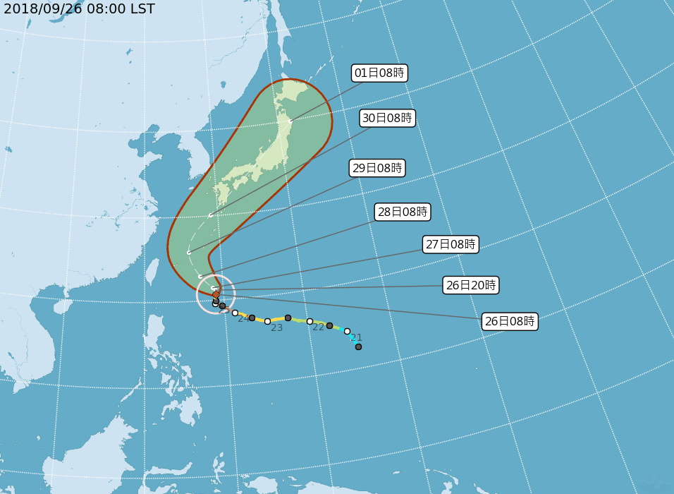 潭美減弱為中度颱風，推估其路徑將朝琉球、九州方向移動。（翻攝自中央氣象局）