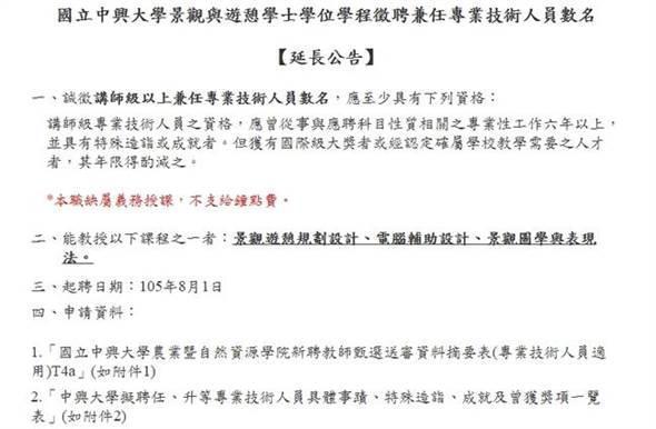 過去興大也爆出類似爭議,景觀與遊憩學位學程徵求業界教師,但不支給鐘點費。(取自中興大學官網)