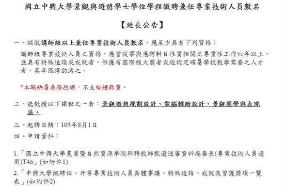 過去興大也爆出類似爭議,景觀與遊憩學位學程徵求業界教師,但不支給鐘點費。(取自中興大學官網)